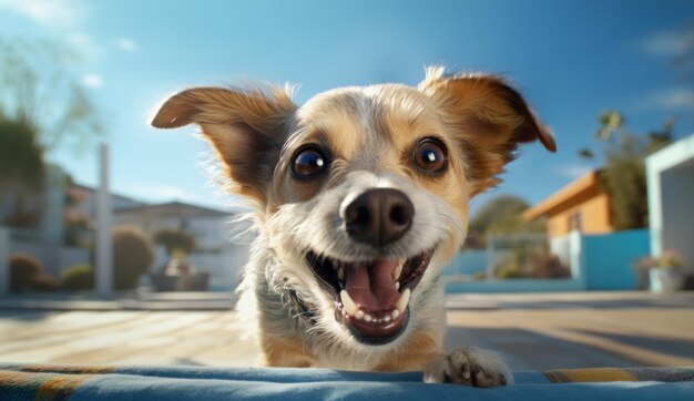 Foto cane divertente su una strada sullo sfondo della strada e del cielo