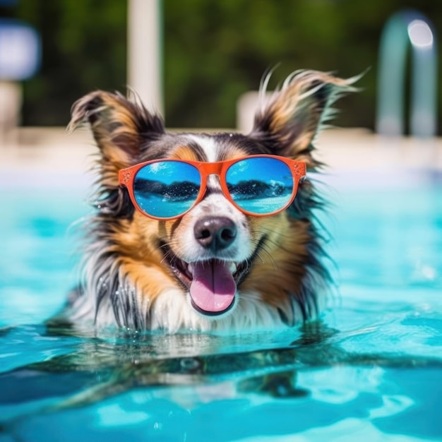 ビーチでサングラスをかぶった面白い犬 夏休みのコンセプト