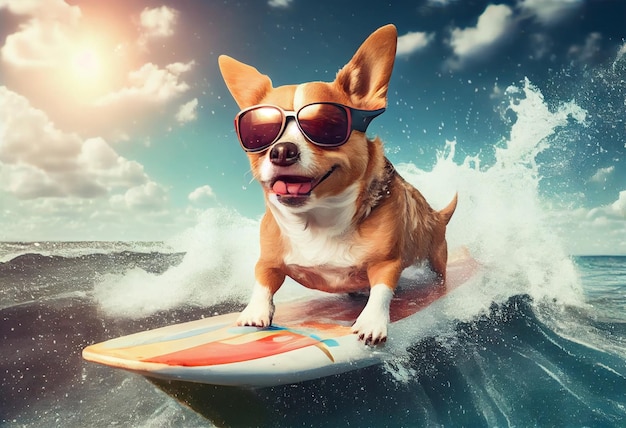 Funny dog in sunglasses rides a surfboard on the ocean waves Summer vacation concept Generate Ai