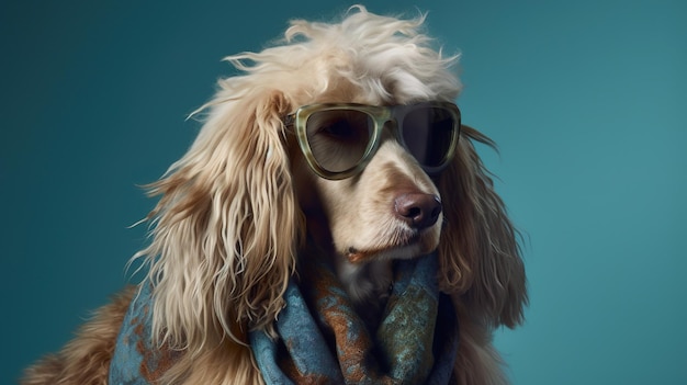 Funny dog wearing sunglasses on blue pastel color background Generative AI