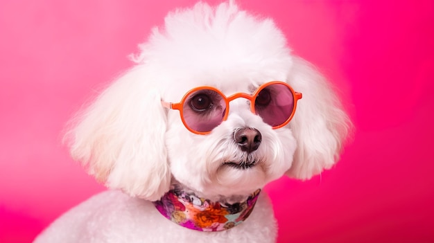 Funny dog wearing sunglasses on pink pastel color background Generative AI