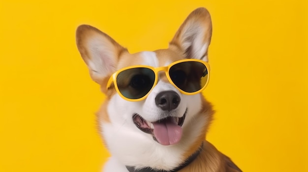 Funny dog wearing sunglasses on yellow pastel color background Generative AI