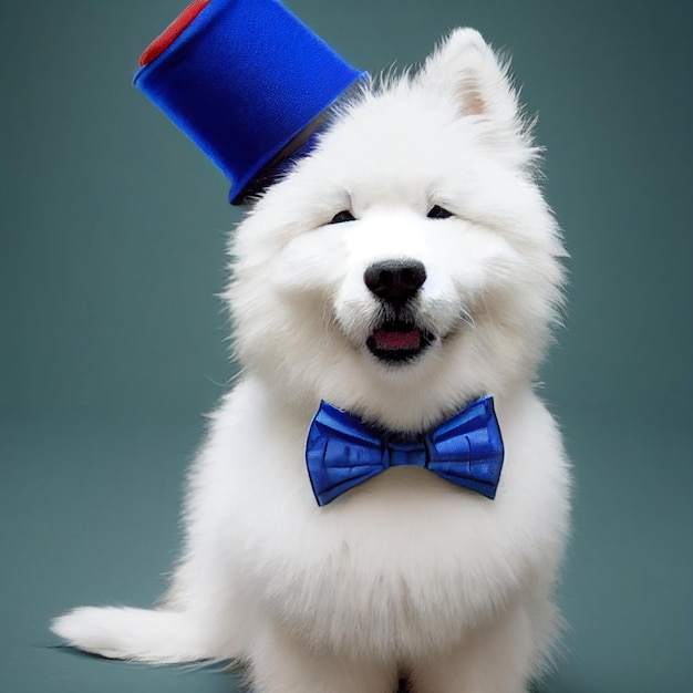 Funny dog with hat and bow tie