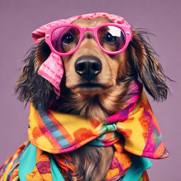 funny dog with a scarf in his hand and sunglasses with a pink background