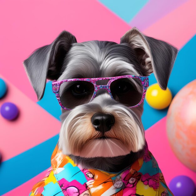 funny dog with sunglasses colorful rainbow background 3D rendering