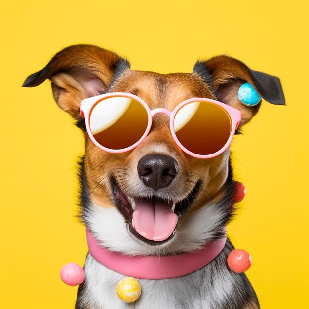 Funny dog with sunglasses studio background