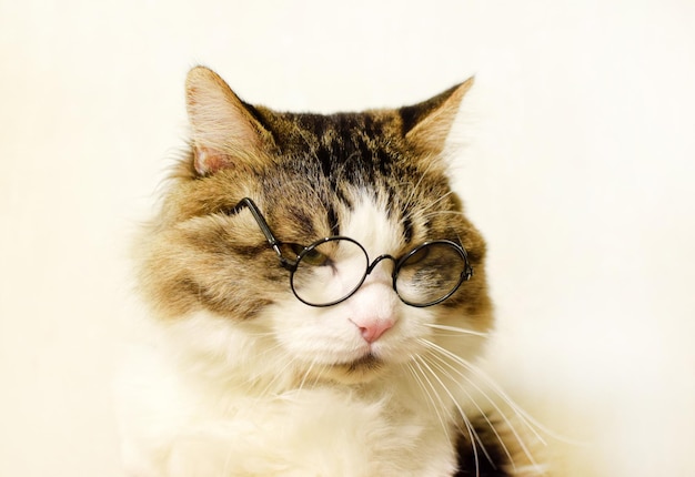 둥근 안경을 쓴 재미있는 국내 솜털 고양이는 불쾌하고 의심스럽게 눈을 가늘게 떴다
