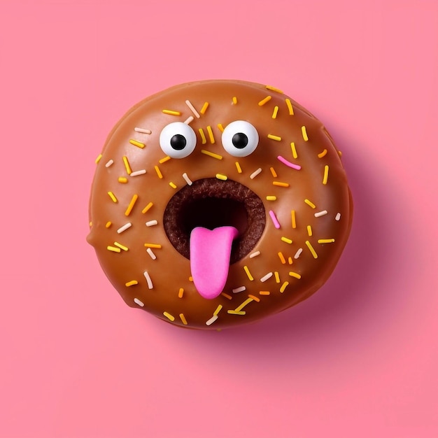 Funny donut with chocolate glaze and sprinkles on pink background smiling halloween donut