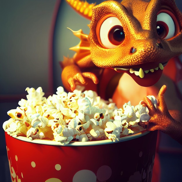 Funny dragon eating popcorns 3d rendering character