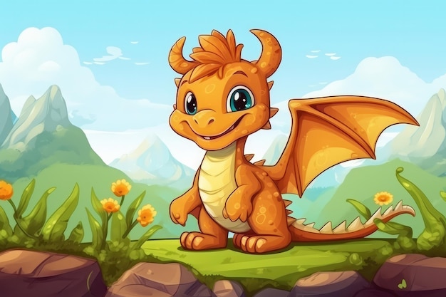 Funny Dragon in nature Drawn cartoon animal illustration Generative ai