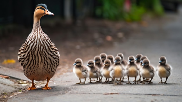 面白いアヒルの鳥の家族が通りを歩く生成ai