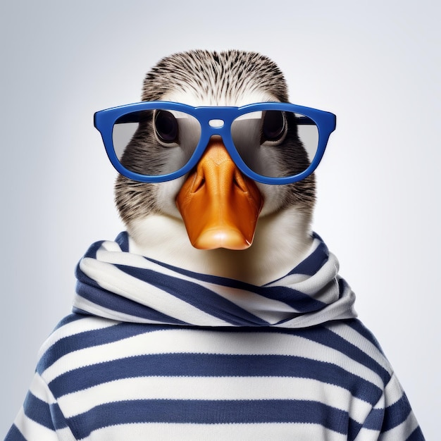 Фото Забавная утка в солнцезащитных очках и полосатом свитере
