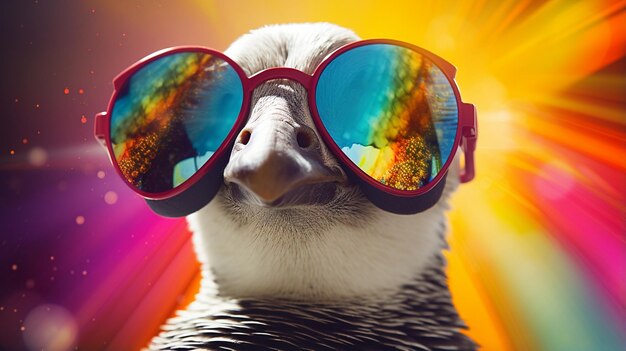 Photo funny duck with sunglasses on colorful background