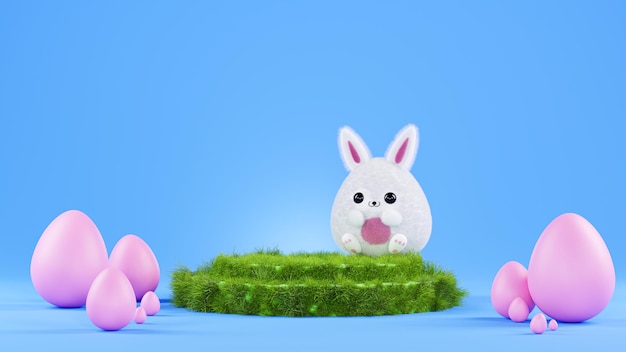 Funny Easter bunny Easter eggs and podium 3d render Happy Easter banner Easter egg hunting