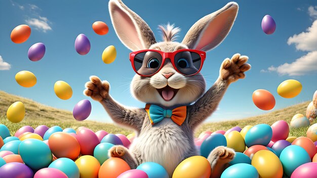 楽しいイースターカード 楽しい陽気なウサギ 太陽眼鏡をかぶったウサギ 色の卵とジャングルする