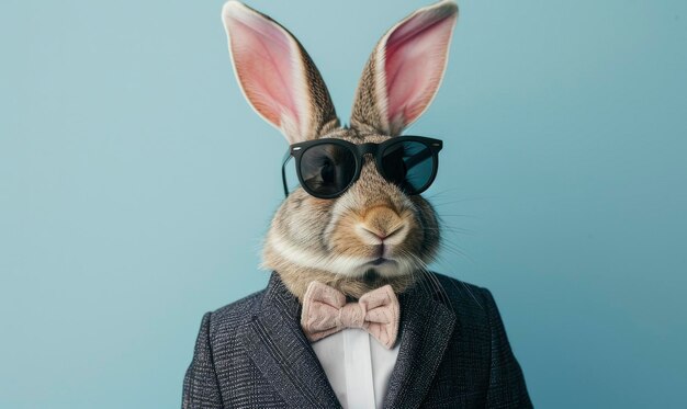 Funny easter concept holiday animal celebration greeting card Cool easter bunny rabbit with suit sunglasses and bow tie isolated on blue background