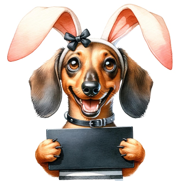 사진 재는 부활절 개 토끼 귀를 가진 dachshund는 텍스트를 위해 블랙 보드를 들고 있습니다 나쁜 토끼 품종 개
