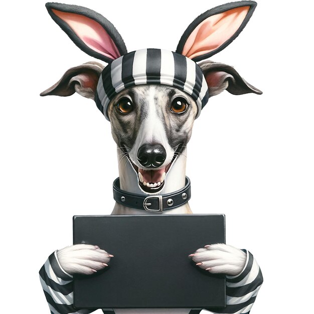 Photo funny easter dog whippet with bunny ears holds black board for text bad bunny breed dog