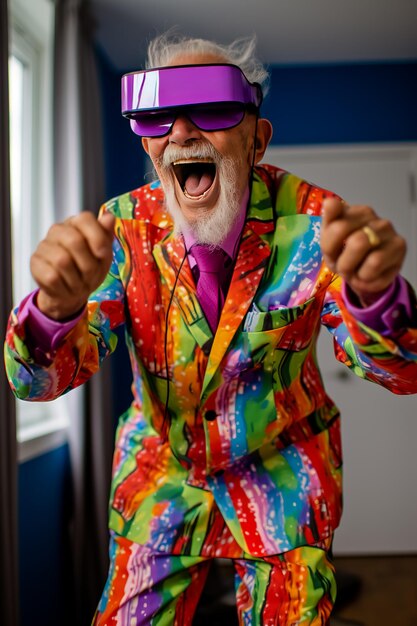 Забавный пожилой человек в многоцветной куртке с гарнитурой виртуальной реальности