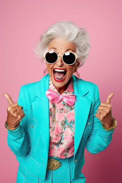 Photo funny elderly woman with silly happy expression