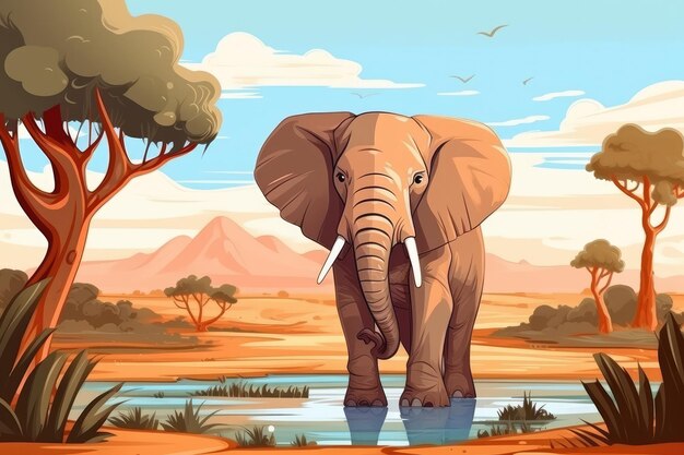야생의 자연에서 재미있는 코끼리 그려진된 만화 동물 그림 생성 ai