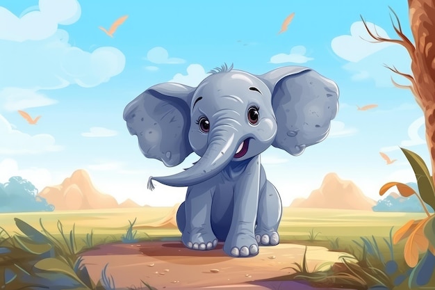 Funny Elephant in wild nature Drawn cartoon animal illustration Generative ai