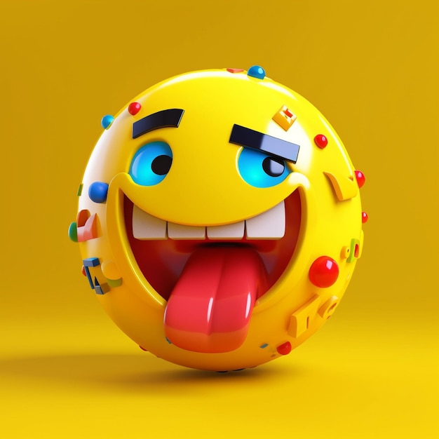 Funny emoticon with tongue out on yellow background 3d illustration