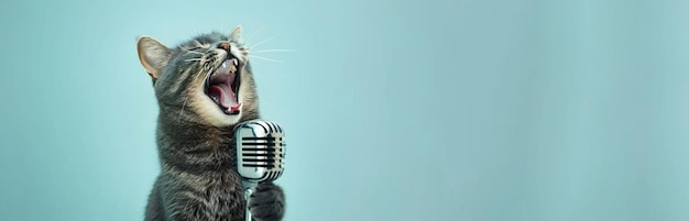 Photo funny emotional cat singing into the microphone copy space background