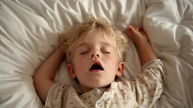 Photo funny face expression with open mouth of blonde three years old child sleeping on king bed