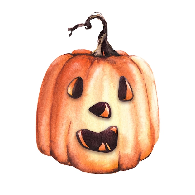 Funny face Halloween jack pumpkin head Hand drawn watercolor illustration Isolated white background