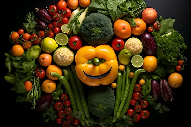 Photo funny face made of fresh fruits and vegetables