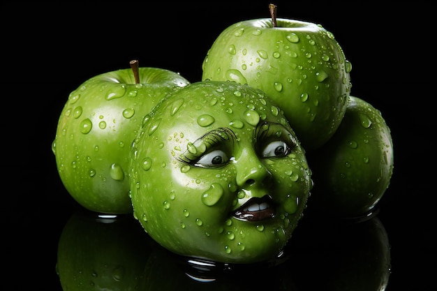 Funny face made of green apples with water drops on black background