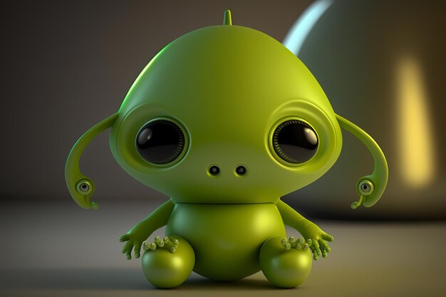 Funny fantasy toy alien Sad green alien with big black eyes Generative Ai