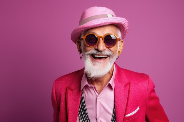 Фото Смешный модный старик на розовом фоне