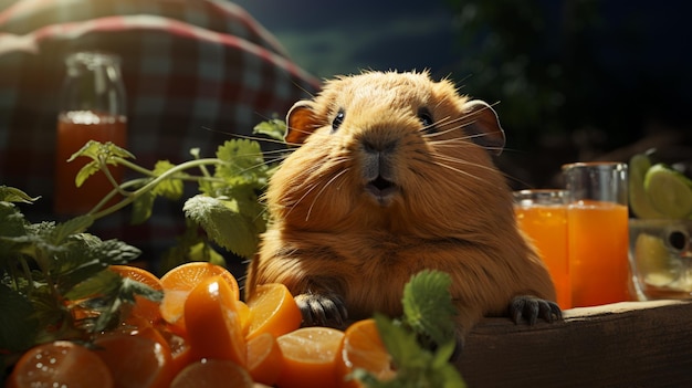 Funny fat guinea pig with a carrot in summer