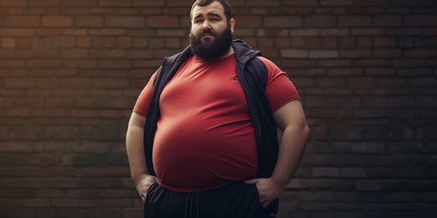 Photo funny fat man in sportswear is sitting on the sofa in the room