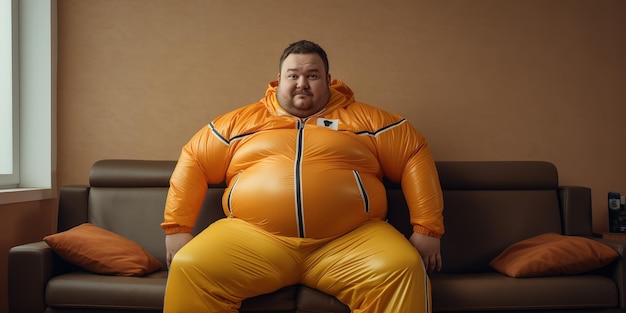 Photo funny fat man in sportswear is sitting on the sofa in the room