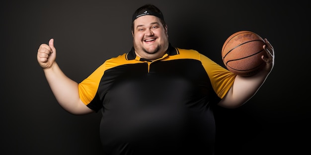 A funny fat man in sportswear stands against a dark wall
