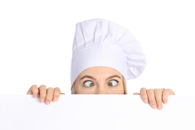 Funny female chef isolated on white background close up