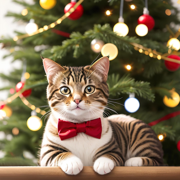 Фото Смешный праздничный новый год кошка милая кошка одета в красный галстук