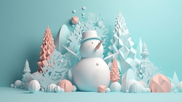 Funny figure of a snowman in winter Christmas festive landscape Merry Christmas and Happy New Year Christmas sale Holiday background AI generative