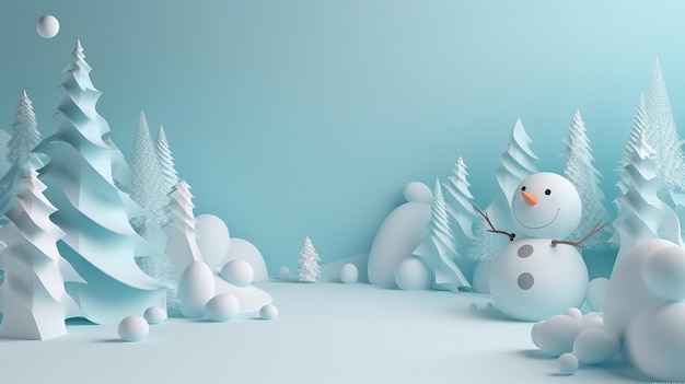 Funny figure of a snowman in winter Christmas festive landscape Merry Christmas and Happy New Year Christmas sale Holiday background AI generative