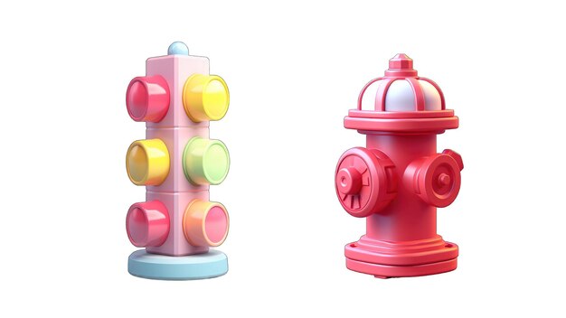 Funny fire hydrant and traffic lights 3d vector icon set Generative AI