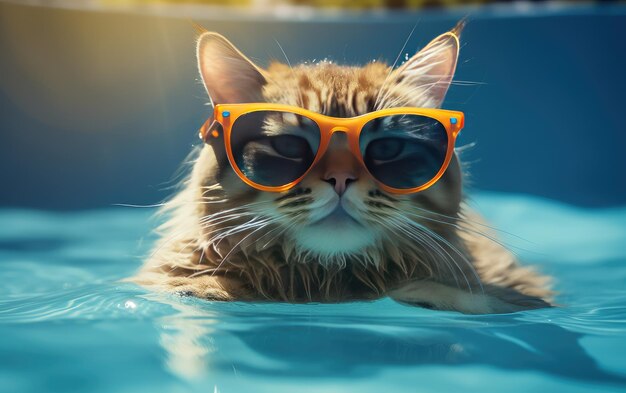 Funny fluffy cat in sunglasses is relaxing in the pool while on vacation in the tropics Vacation and travel concept