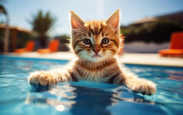 Забавный пушистый кот в солнечных очках отдыхает в бассейне во время отпуска в тропиках Концепция отдыха и путешествий