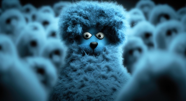 Funny fluffy creature with big blue eyes