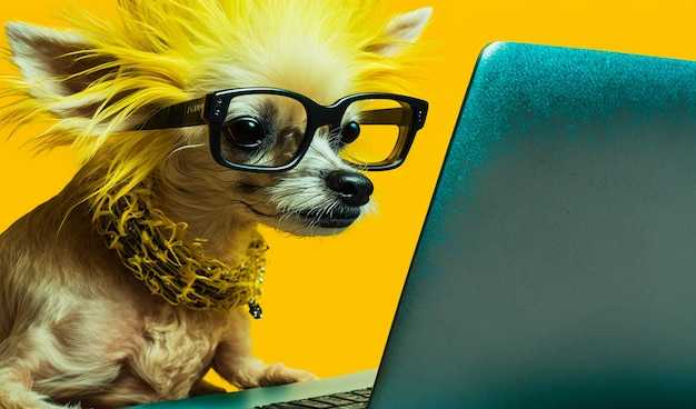 Funny fluffy doggy wearing glasses and collar Little pet using laptop isolated on yellow backdrop Close up Generative AI