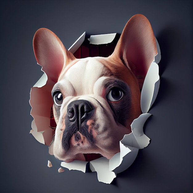 Funny French bulldog stuck out through a hole in a gray paper wall