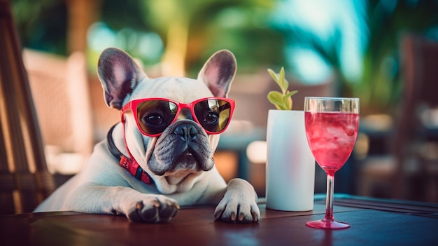 funny french bulldog wearing sunglasses with a red bow and sunglasses on a wooden bench Generative AI