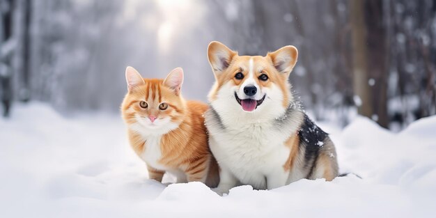 Funny friends a corgi dog and a striped cat